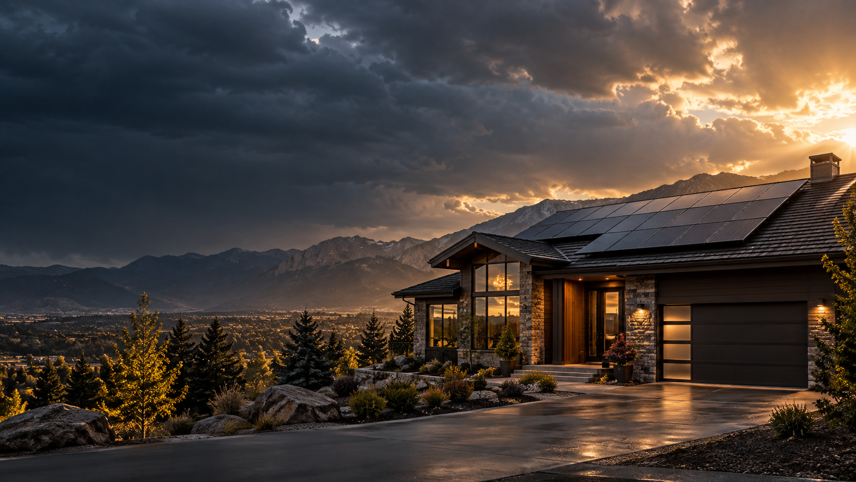 Illustration of a solar-powered mountain home at sunset
